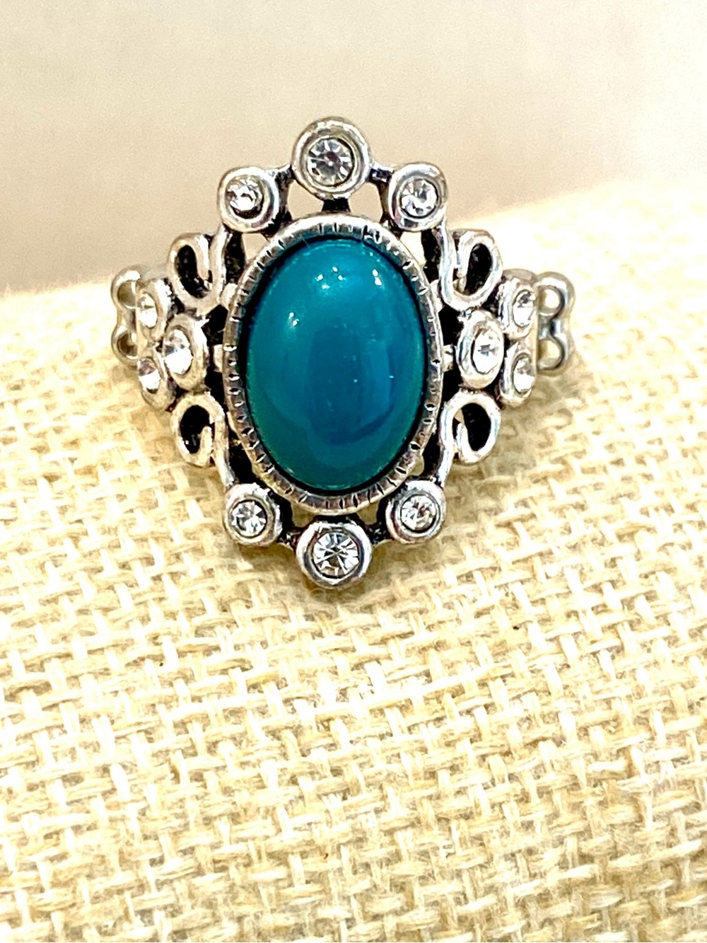 Vintage Silver Turquoise Stretch Ring Oval Cabochon Filigree Rhinestone Chunky